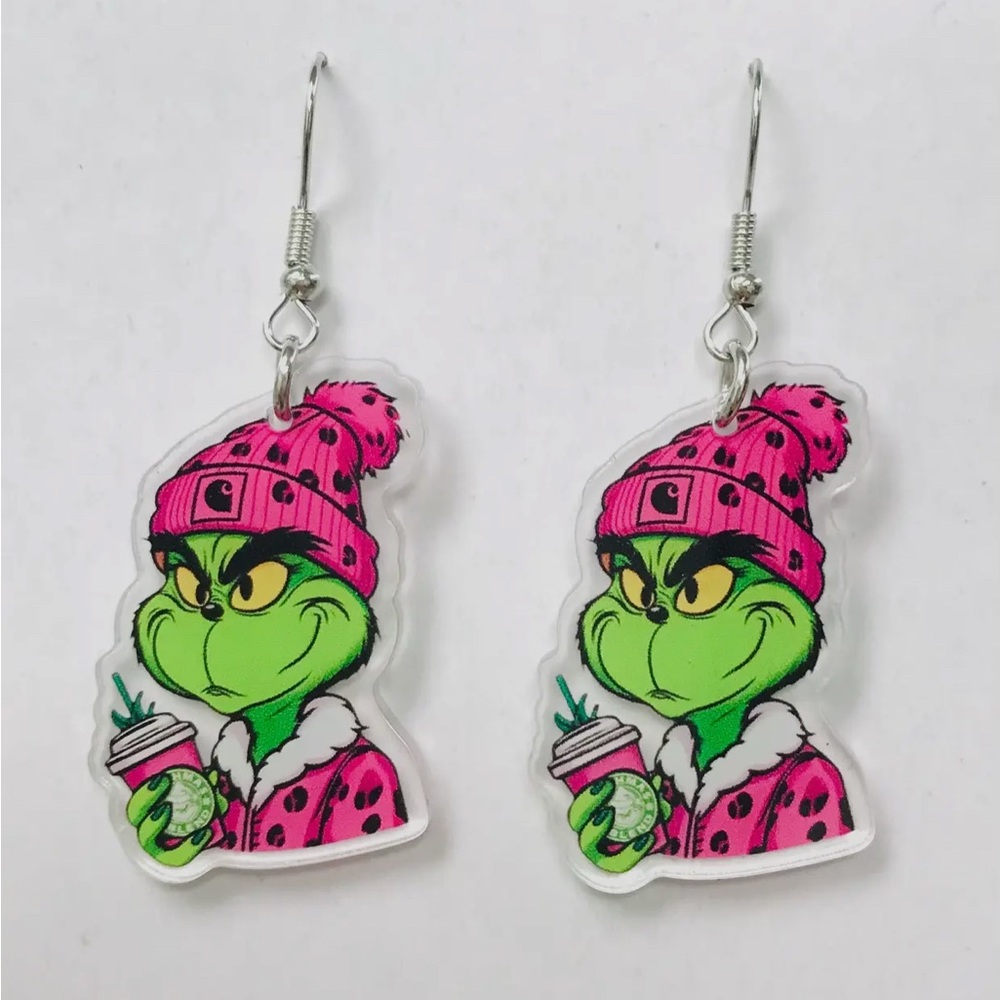 Pink Grinch Christmas Coffee Earrings